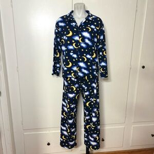 Vintage 90s/Y2K Navy Celestial Moon Stars Cloud Fleece Two Piece Pajama Set